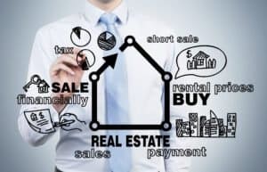 A person in a white shirt and blue tie sketches on a transparent board, illustrating terms and symbols linked to real estate. Concepts such as tax, sales, buy, payment, and rental prices appear alongside house drawings, reminiscent of insights found on a Portland Real Estate Advice blog.