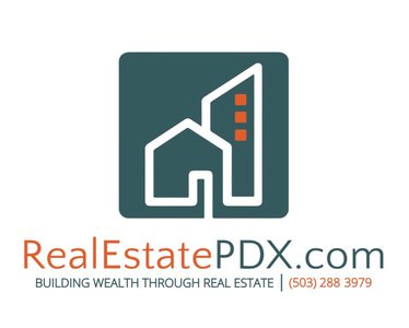 Logo for RealEstatePDX.com featuring a stylized building icon in a dark green square. Below, the text reads RealEstatePDX.com with the tagline Building Wealth Through Real Estate and phone number (503) 288 3979 in orange and gray.