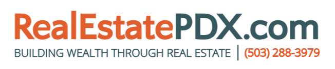 Logo for RealEstatePDX.com with slogan Building Wealth Through Portland Real Estate and phone number (503) 288-3979. The text is in orange and grey.