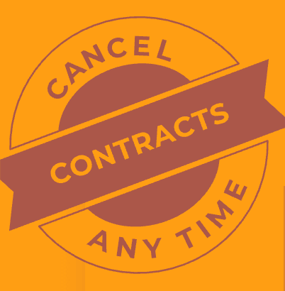 A circular badge with a diagonal banner reads Cancel Contracts Any Time in bold text, perfect for those looking to sell a home with ease. The background is orange, and the text is dark brown.