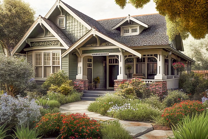 A charming green craftsman-style house with a large porch, surrounded by lush gardens, colorful flowers, and leafy trees, with a stone pathway leading to the front door.