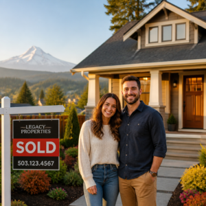 Couple standing in front of the house they just bought.